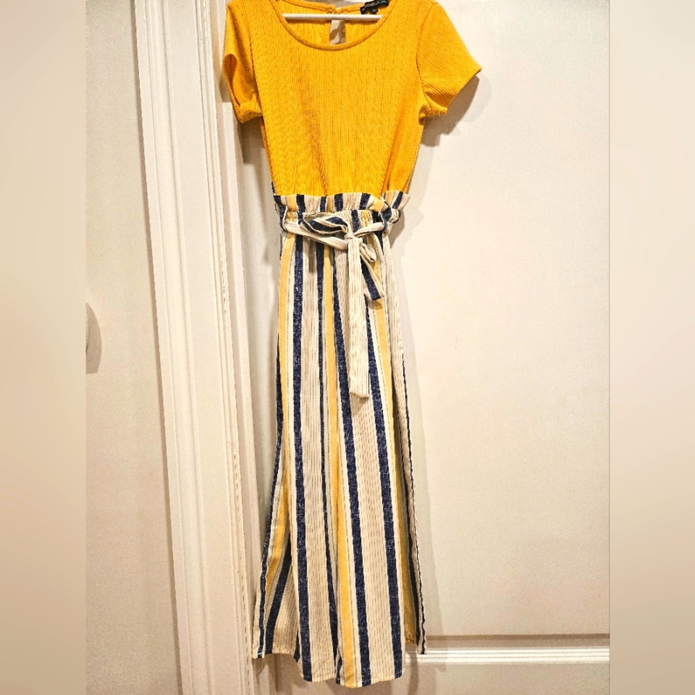 My Michelle Yellow and Blue Striped Maxi Jumpsuit Size M
